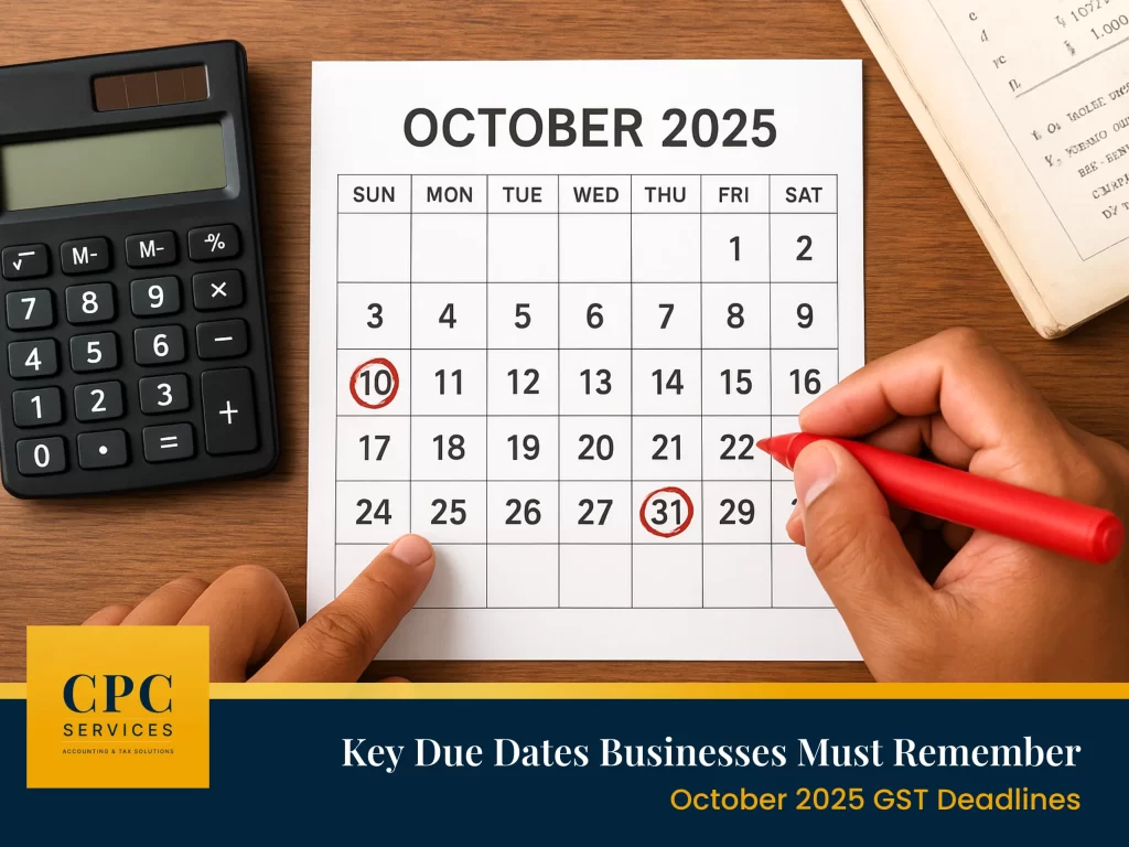 Business owner reviewing October 2025 GST filing reminders