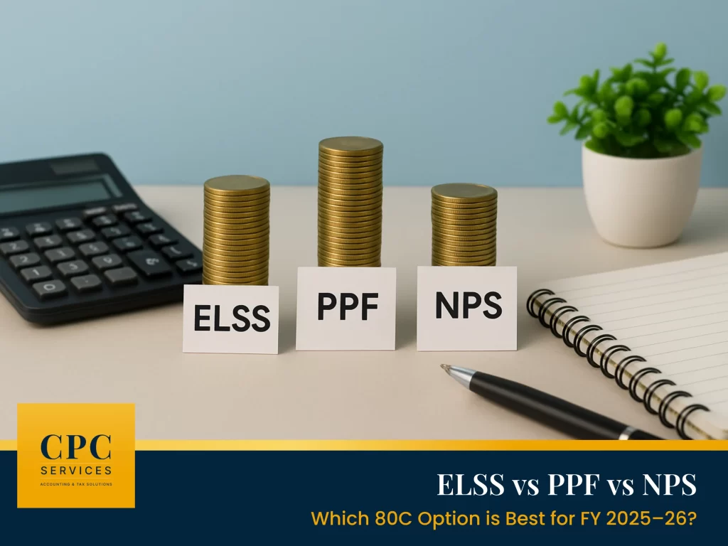 Infographic comparing ELSS, PPF, and NPS for 80C investments FY 2025–26