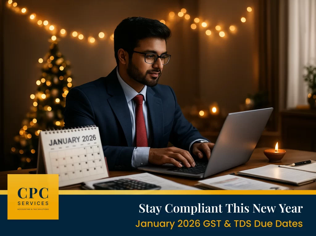 Infographic showing GST and TDS filing deadlines for January 2026